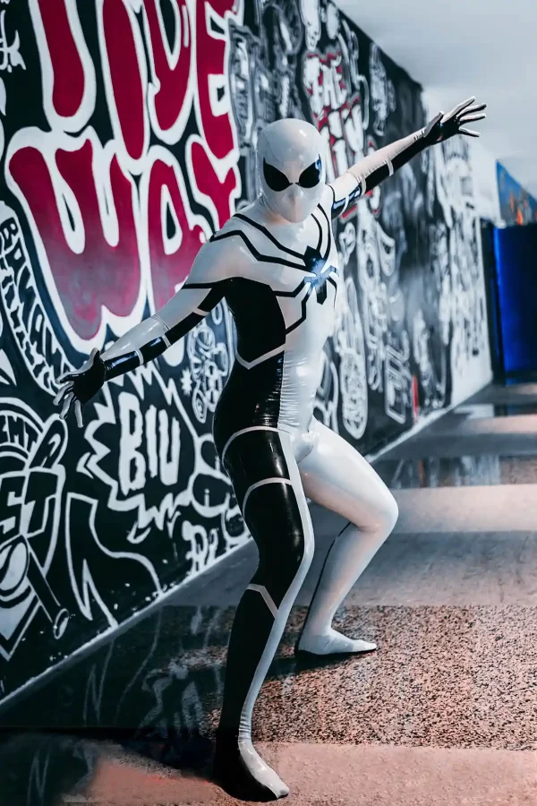 Latex Male White Steppe Spidey Catsuit