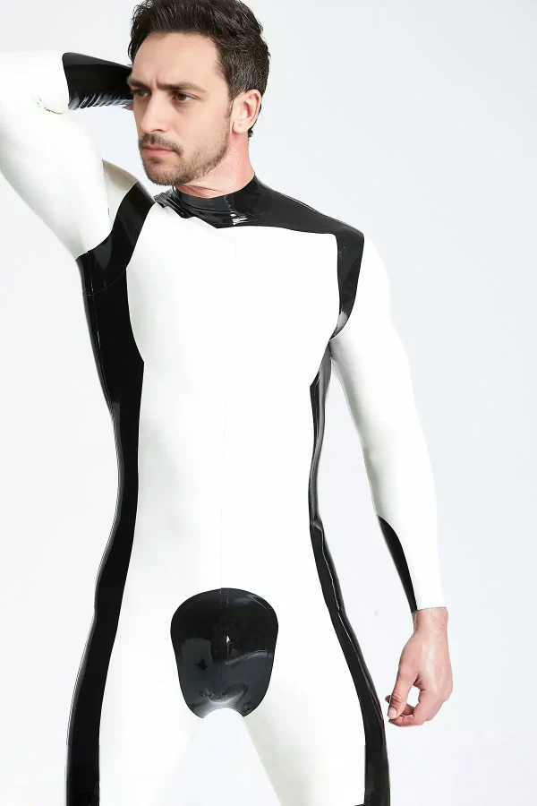 Latex Male White Knight Back Zip Catsuit