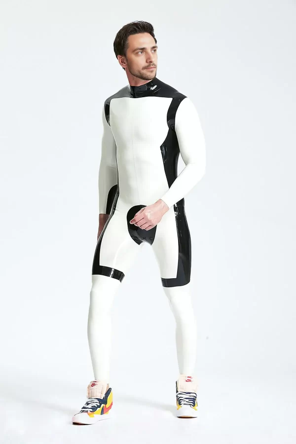 Latex Male White Knight Back Zip Catsuit