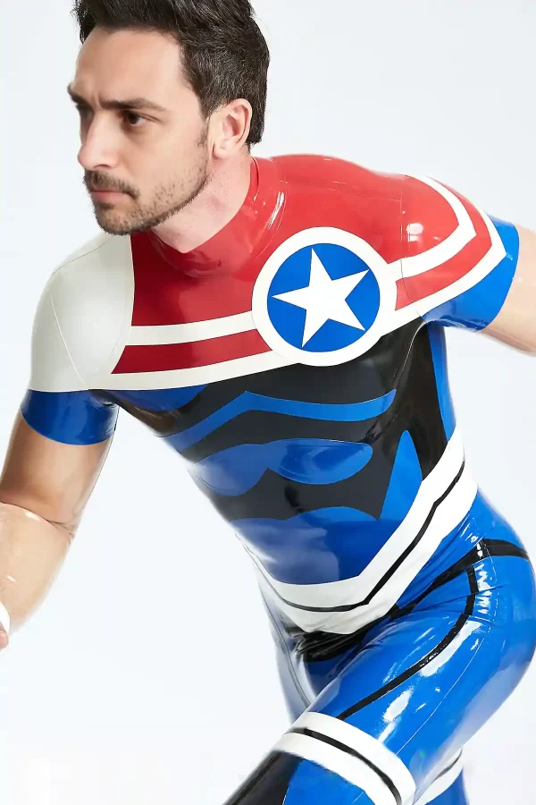 Latex Male Captain Star Back Zip Catsuit