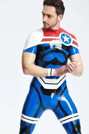 Latex Male Captain Star Back Zip Catsuit