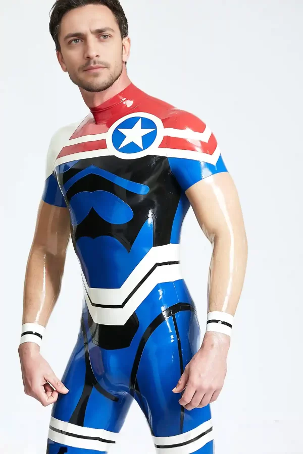 Latex Male Captain Star Back Zip Catsuit