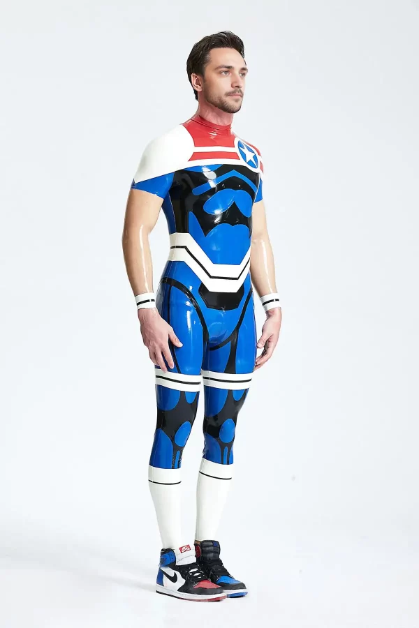 Latex Male Captain Star Back Zip Catsuit