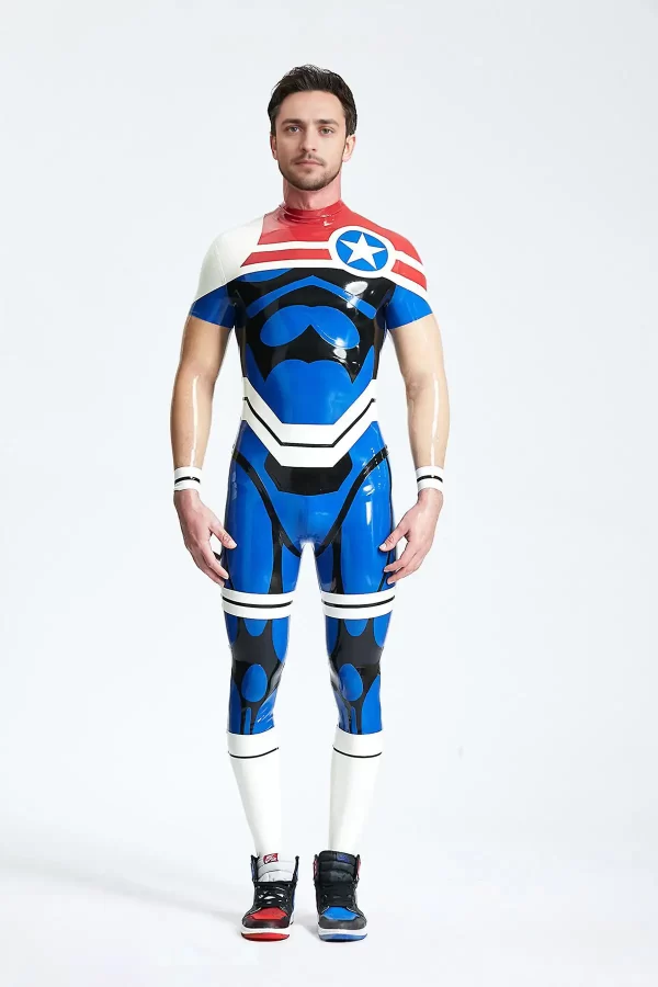 Latex Male Captain Star Back Zip Catsuit