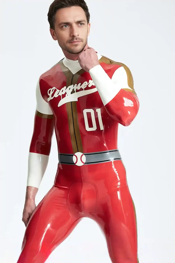 Latex Male Leaguers Baseball Look Shoulder Zip Catsuit