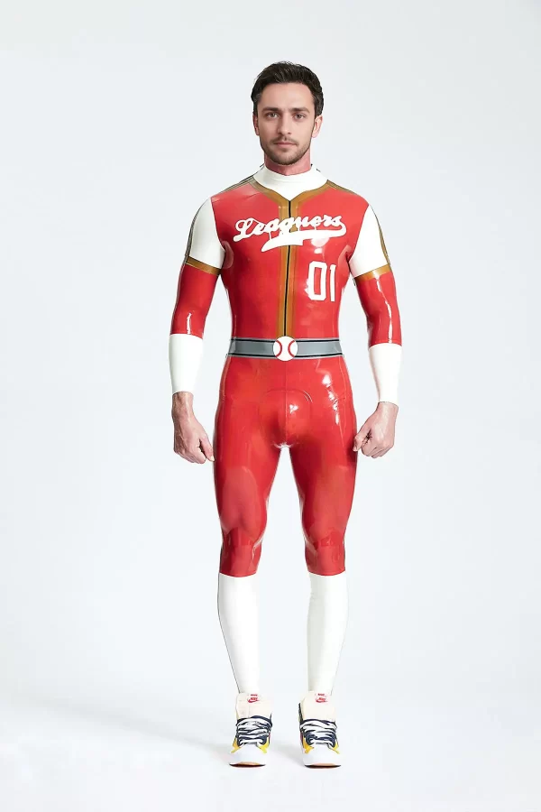 Latex Male Leaguers Baseball Look Shoulder Zip Catsuit