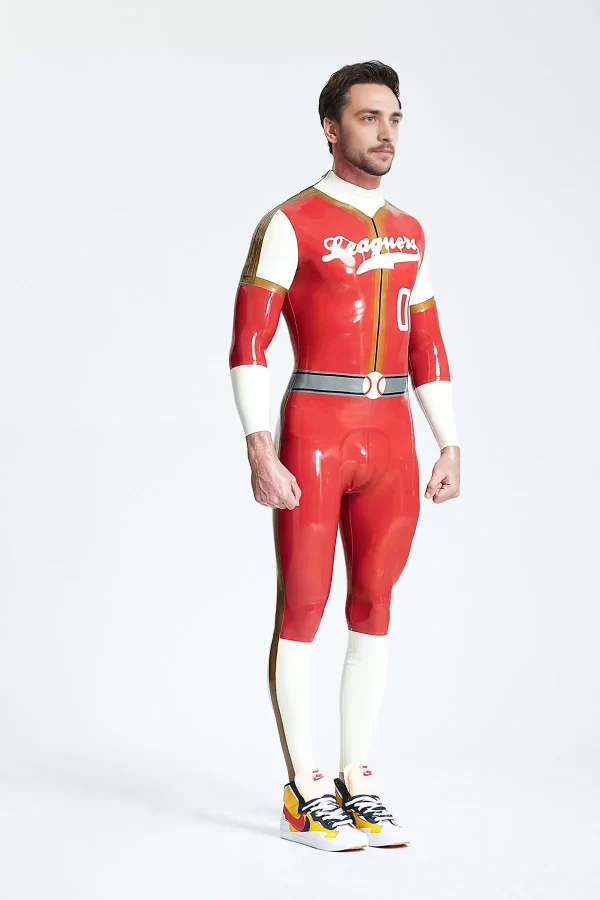 Latex Male Leaguers Baseball Look Shoulder Zip Catsuit