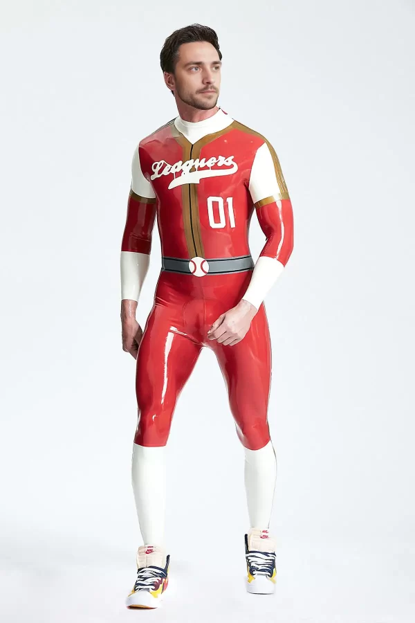 Latex Male Leaguers Baseball Look Shoulder Zip Catsuit