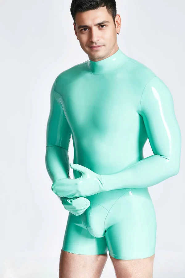 Latex Male Mitten-Sleeved Neck Entry Short Catsuit