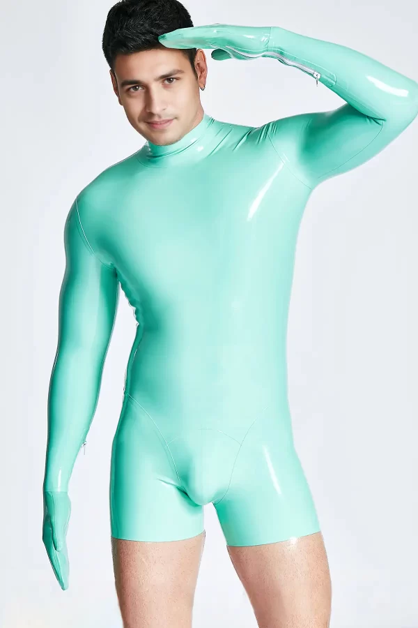 Latex Male Mitten-Sleeved Neck Entry Short Catsuit