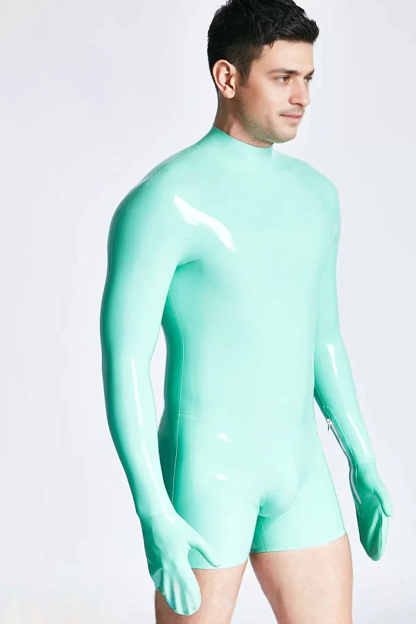 Latex Male Mitten-Sleeved Neck Entry Short Catsuit