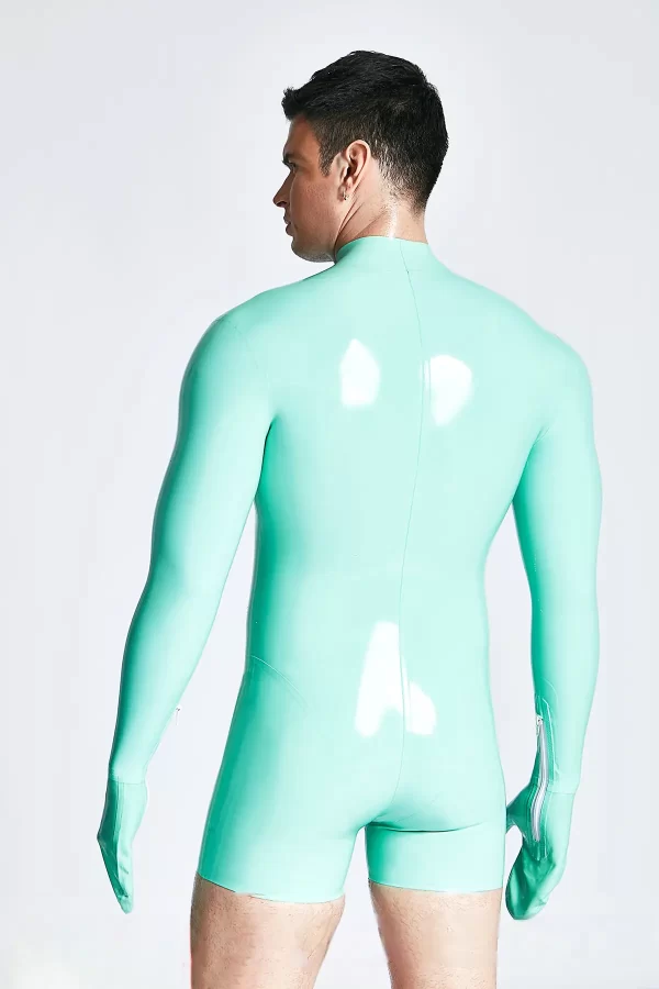 Latex Male Mitten-Sleeved Neck Entry Short Catsuit