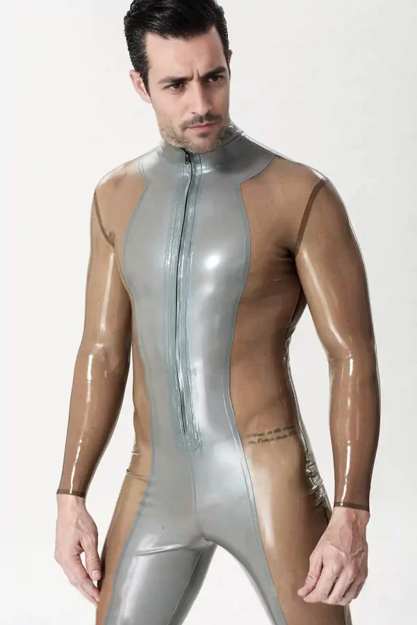 Latex Male Silver Sleek Front-zip Catsuit