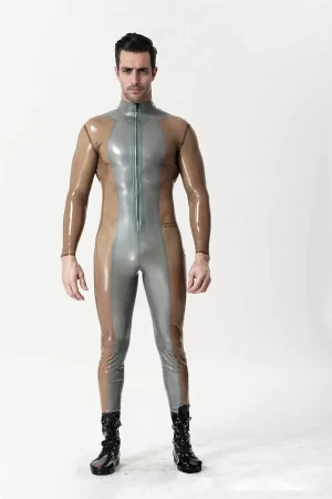 Latex Male Silver Sleek Front-zip Catsuit