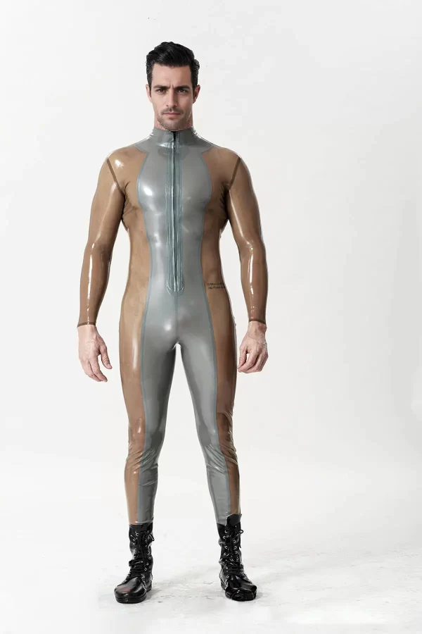 Latex Male Silver Sleek Front-zip Catsuit