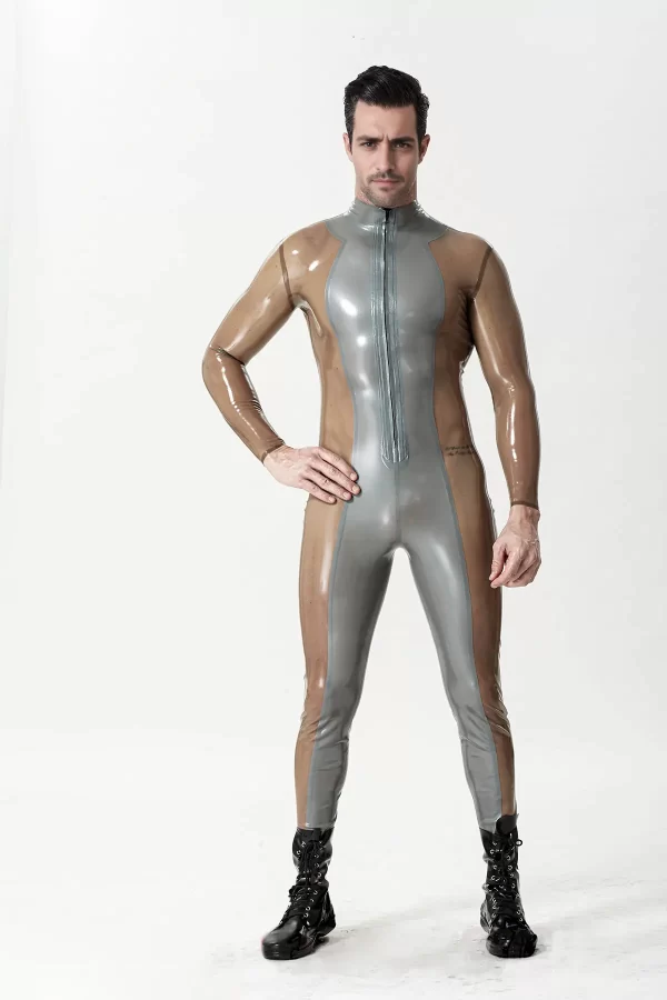 Latex Male Silver Sleek Front-zip Catsuit