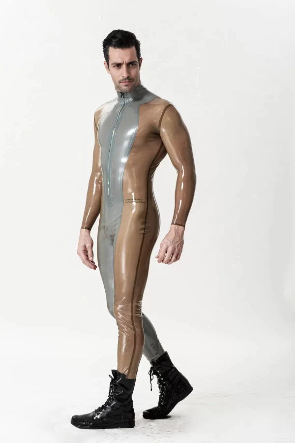 Latex Male Silver Sleek Front-zip Catsuit