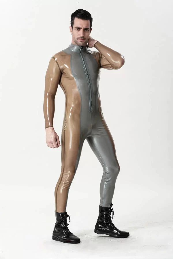 Latex Male Silver Sleek Front-zip Catsuit