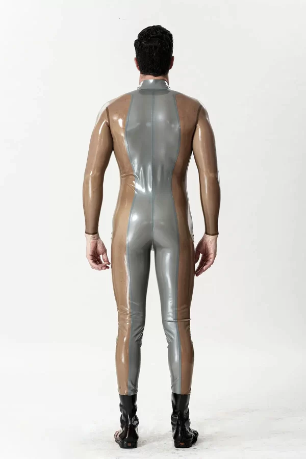 Latex Male Silver Sleek Front-zip Catsuit