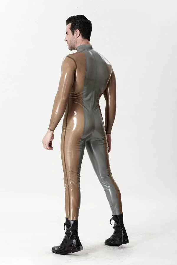 Latex Male Silver Sleek Front-zip Catsuit