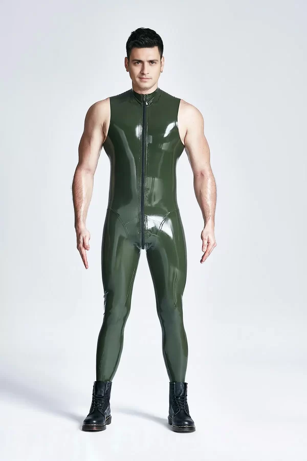 Latex Male Front Through-zip Sleeveless Catsuit