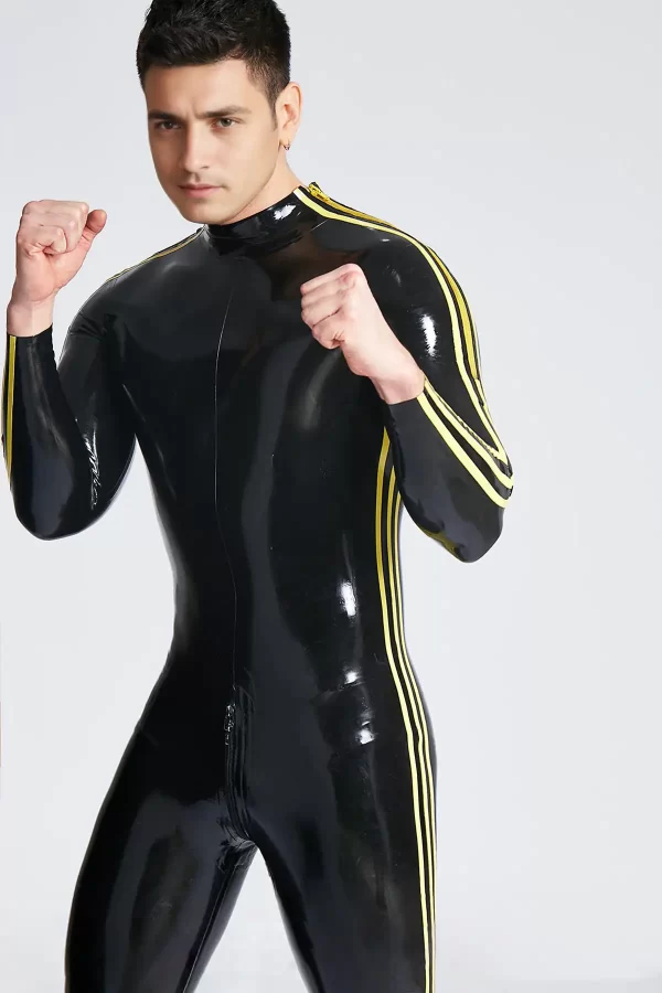 Latex Male Triple-Striper Shoulder-Zipper Catsuit