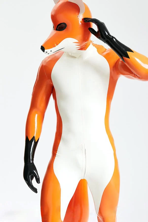 Latex Male Fox Trotter Shoulder-Zipper Catsuit With Inflatable Tail