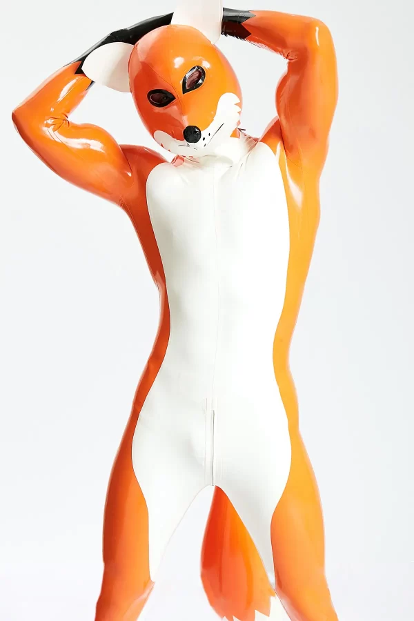 Latex Male Fox Trotter Shoulder-Zipper Catsuit With Inflatable Tail