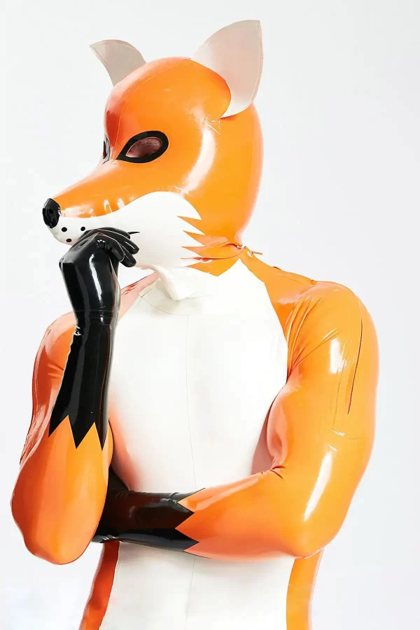 Latex Male Fox Trotter Shoulder-Zipper Catsuit With Inflatable Tail