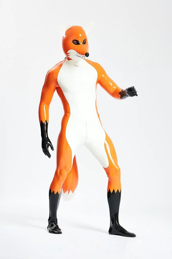 Latex Male Fox Trotter Shoulder-Zipper Catsuit With Inflatable Tail