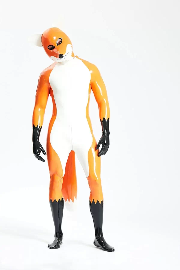 Latex Male Fox Trotter Shoulder-Zipper Catsuit With Inflatable Tail