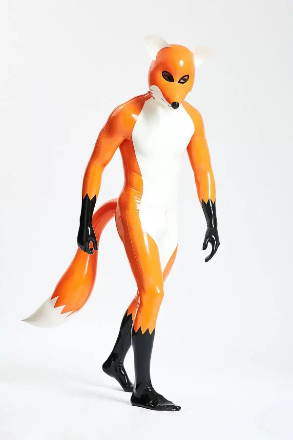 Latex Male Fox Trotter Shoulder-Zipper Catsuit With Inflatable Tail