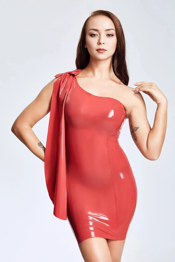 Latex Slanted Sleeve Mini Ball Dress