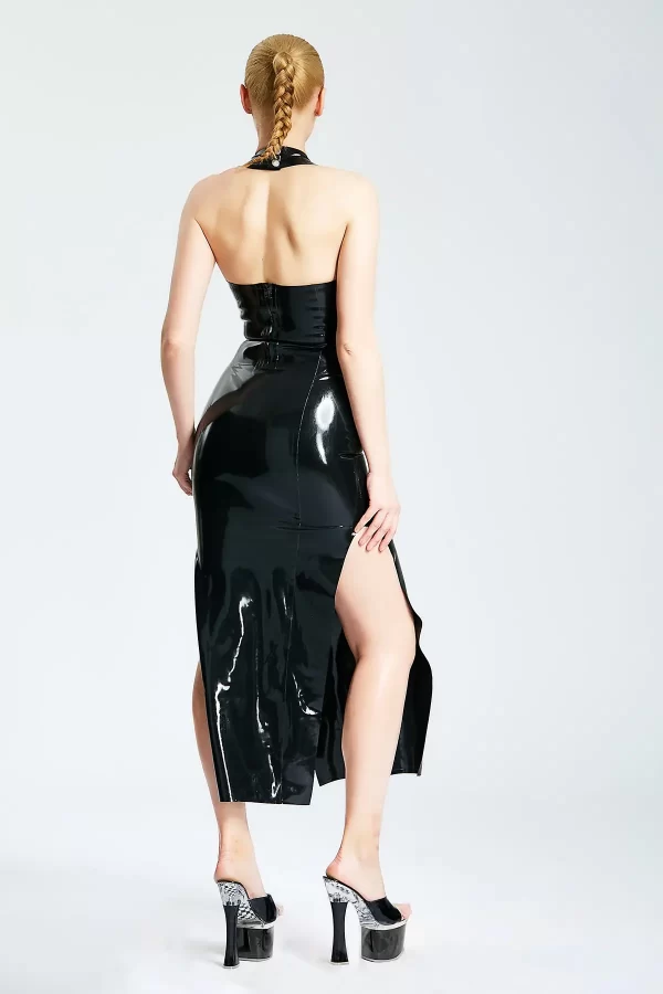 Latex Vivian Deep V Halter-neck Midi Dress