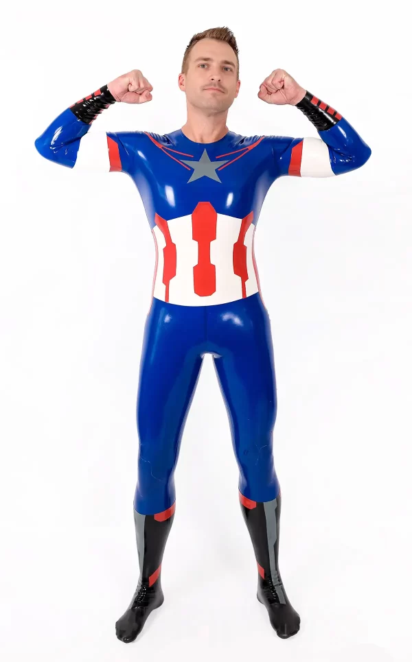 Latex Male American Hero Latex Neck Entry Cosplay Catsuit With Feet