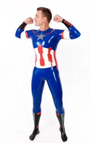 Latex Male American Hero Latex Neck Entry Cosplay Catsuit With Feet