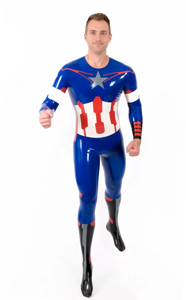 Latex Male American Hero Latex Neck Entry Cosplay Catsuit With Feet