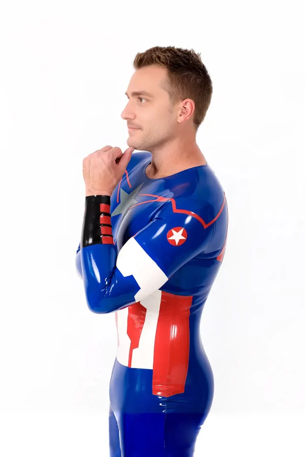 Latex Male American Hero Latex Neck Entry Cosplay Catsuit With Feet