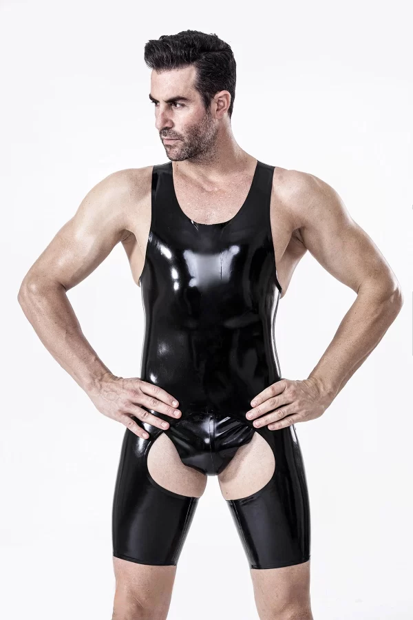 Latex Male Open-Crotch Y-Strapped Singlet Suit