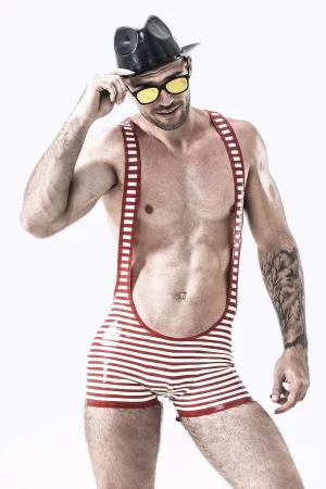 Latex Male Outstanding Stripes Wrestling Suit