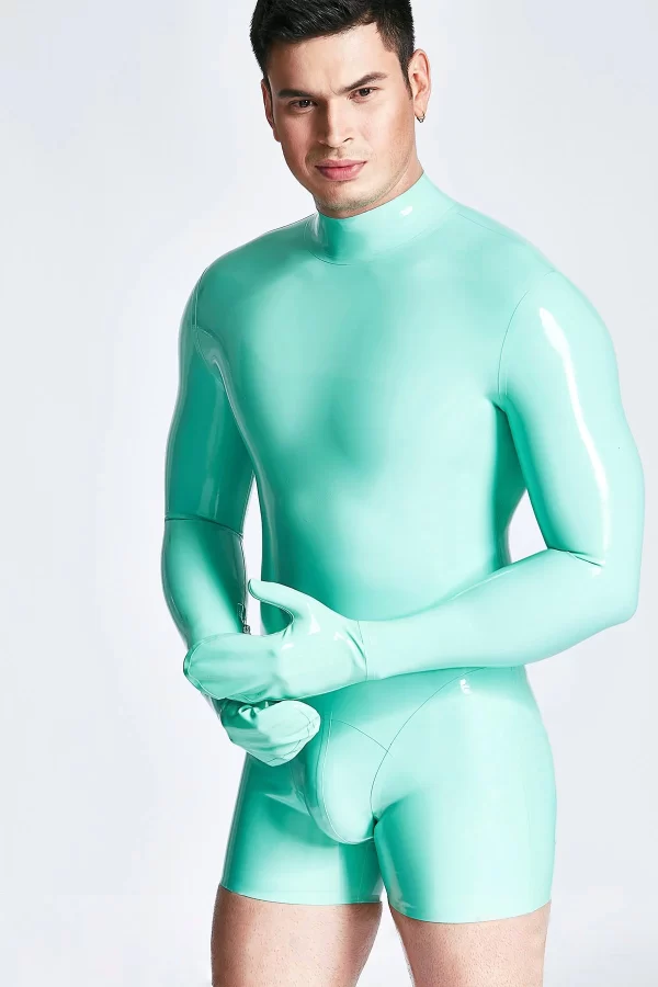 Latex Male Mitten-Sleeved Neck Entry Short Catsuit