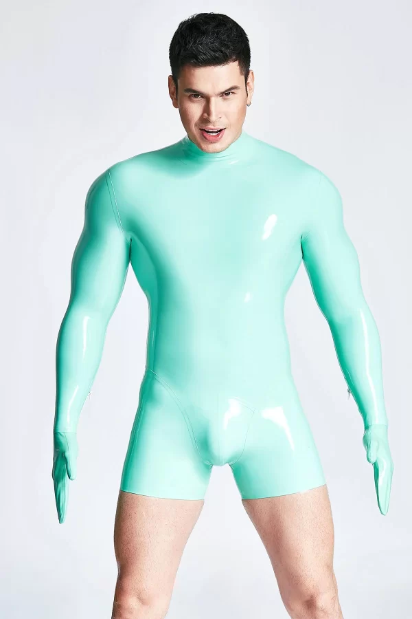 Latex Male Mitten-Sleeved Neck Entry Short Catsuit