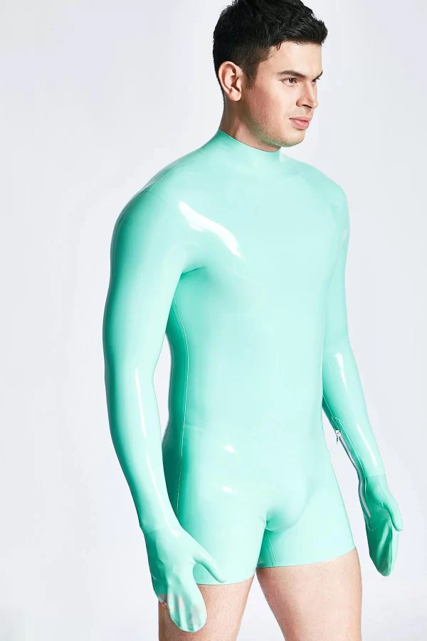 Latex Male Mitten-Sleeved Neck Entry Short Catsuit