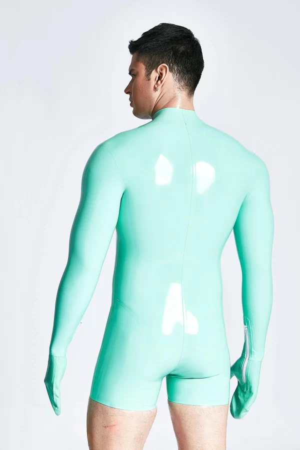 Latex Male Mitten-Sleeved Neck Entry Short Catsuit