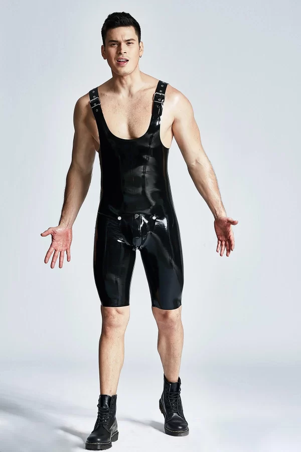 Latex Male Codpiece Shoulder Strap Cycling Suit