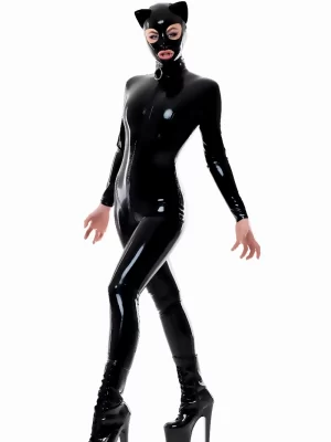 Shiny Black Latex Catsuit with Cat Ears Hood