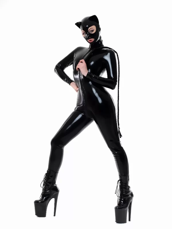 Shiny Black Latex Catsuit with Cat Ears Hood