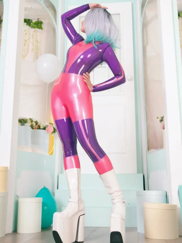 Playful Purple and Pink Latex Catsuit with Color Block Design