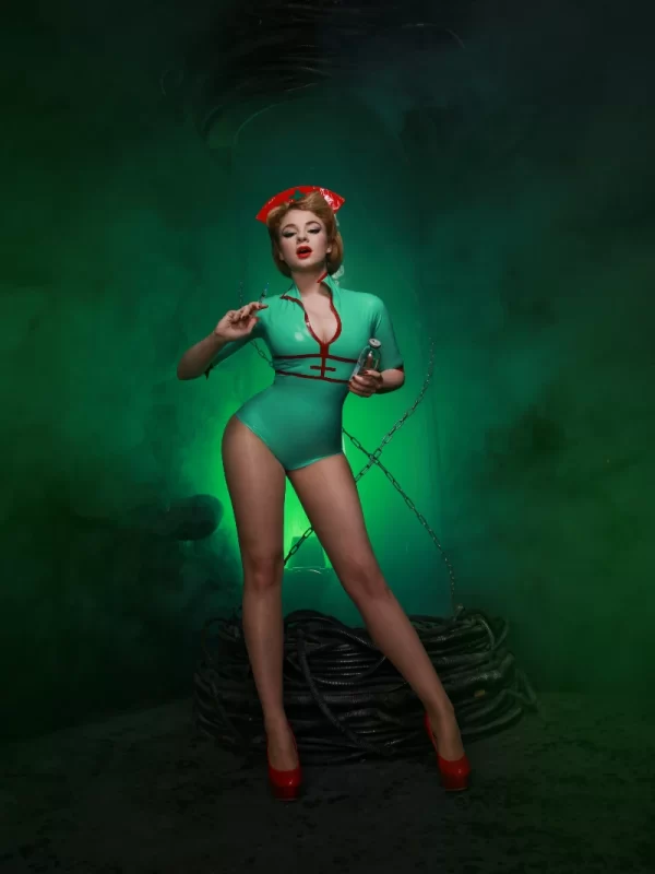 Apple Green Latex Nurse Costume with Red Accents