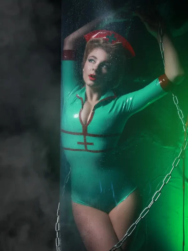 Apple Green Latex Nurse Costume with Red Accents